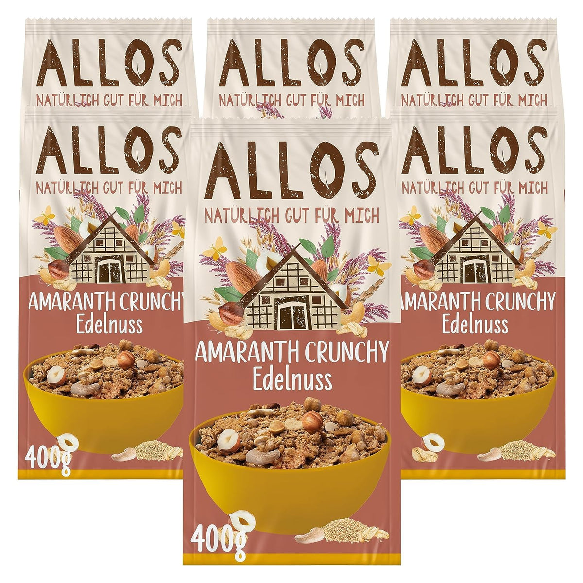 Muesli croquant premium aux noix et amarante Allos | Muesli biologique | Muesli aux noix | Gruau | Céréales pour le petit déjeuner | Végétalien | Paquet de 6 (6x400g)