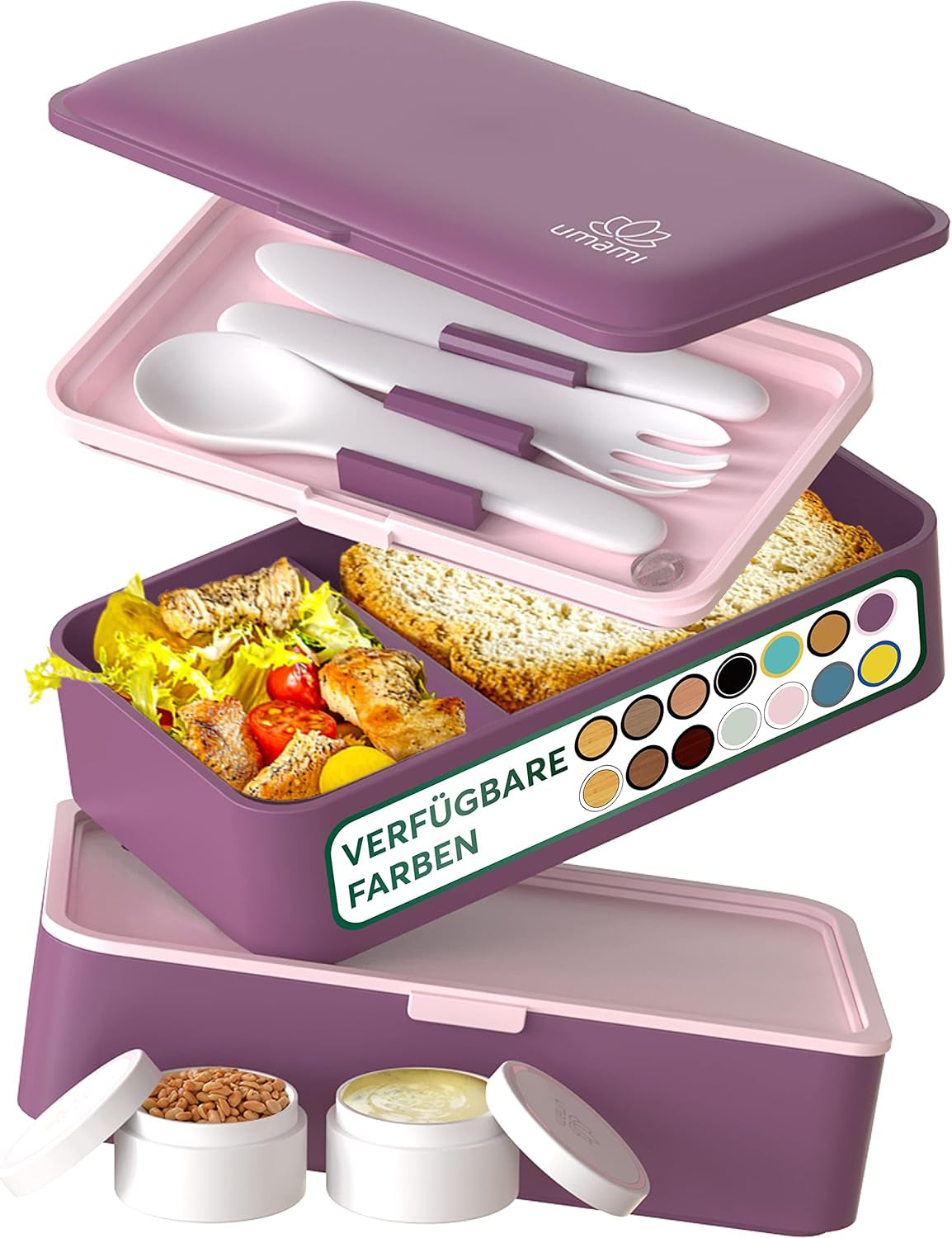 Umami Boîte à déjeuner pour adultes, boîte à bento empilable étanche avec 4 couverts et compartiments, boîte à déjeuner adulte, récipient à salade à emporter, boîte à déjeuner pique-nique/bureau, gris anthracite, 1500 ml