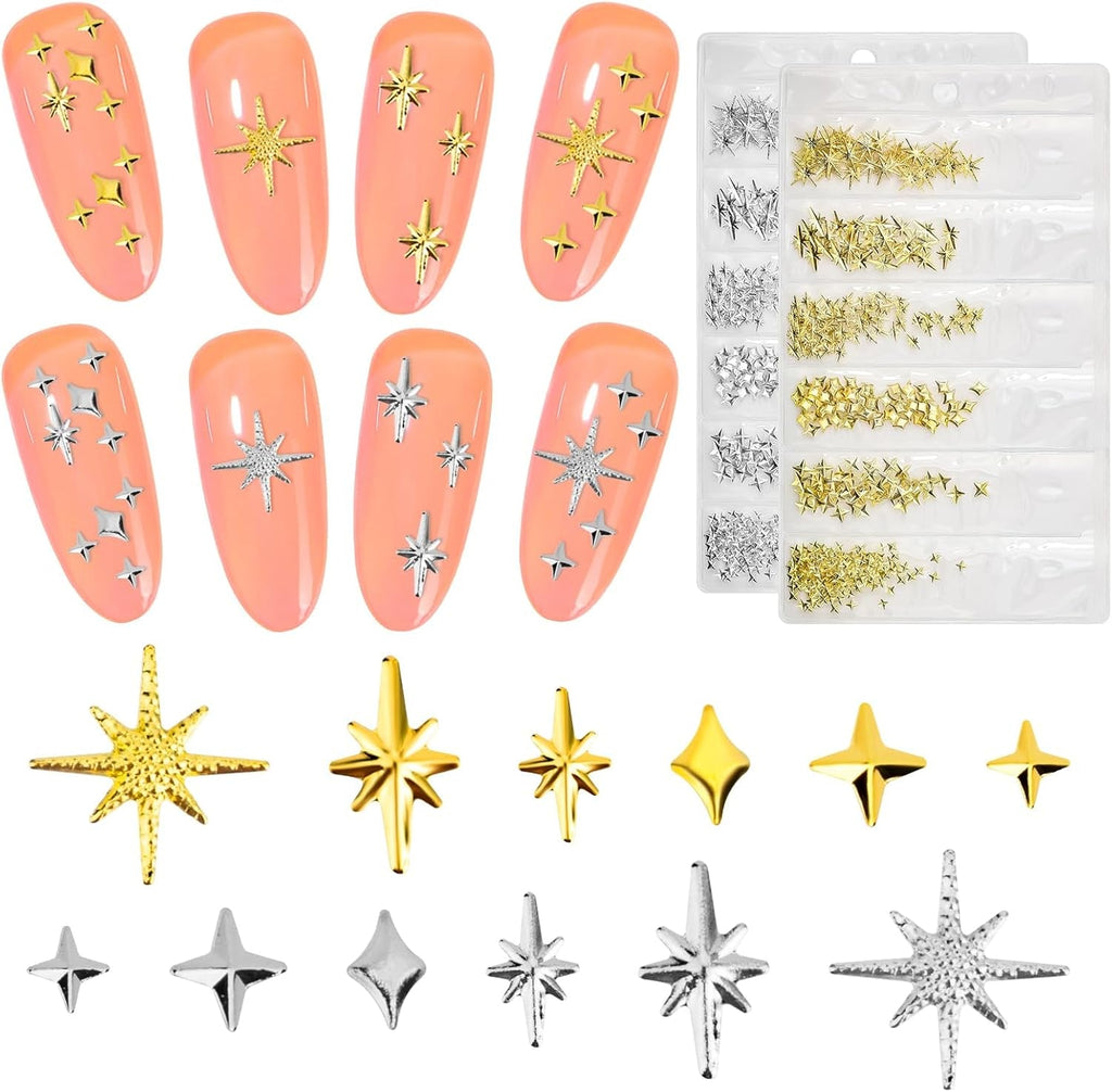 400 Stück Gold Silber Stern Nail Charms Nägel, 3D Metall Star Nagelkunst Dekorations, Star Nail Design Gemischt Größe Form Nägel Zubehör