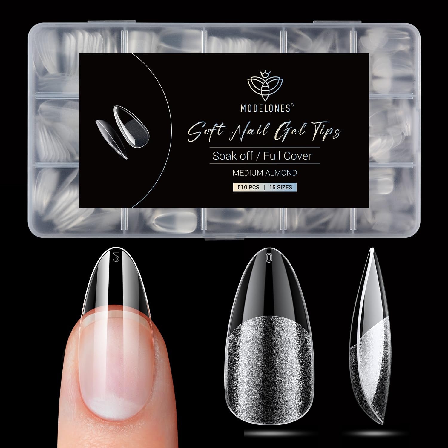 Modelones Nail Tips 510 pièces – Ensemble de pointes d'ongles à couverture complète, ensemble de pointes en gel, pointes d'ongles en résine PMMA pré-polonées, ongles artificiels à coller sur Nail Art DIY, Squoval court
