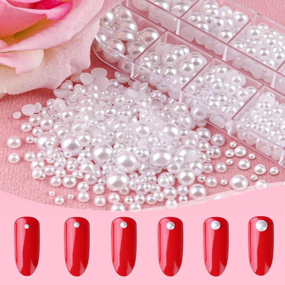 12 Größen Nail Art Perlen, Flache Perlen, Nail Art Accessoires, Halbkreis Nagelperlen, Weiße Nail Charms Und Glitzersteine ​​​​Nägel Für Nail Art Design, DIY Basteln, Alltag, Hochzeit (2 boîtes)