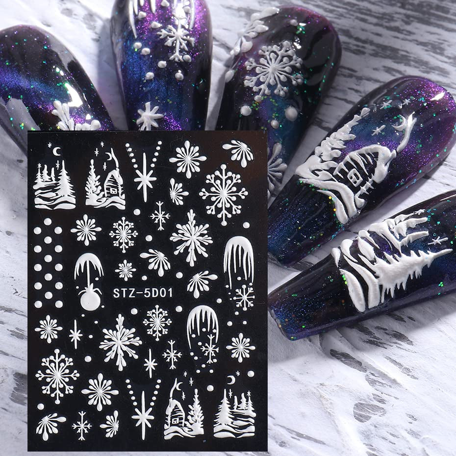 4 Blatt 3D Nagelsticker Weihnachten Nagelaufkleber Christmas 5D Stereoskopisch Selbstklebend Schneeflocke Schneemann Nail Art Sticker Dekoration Nageldesign Zubehör
