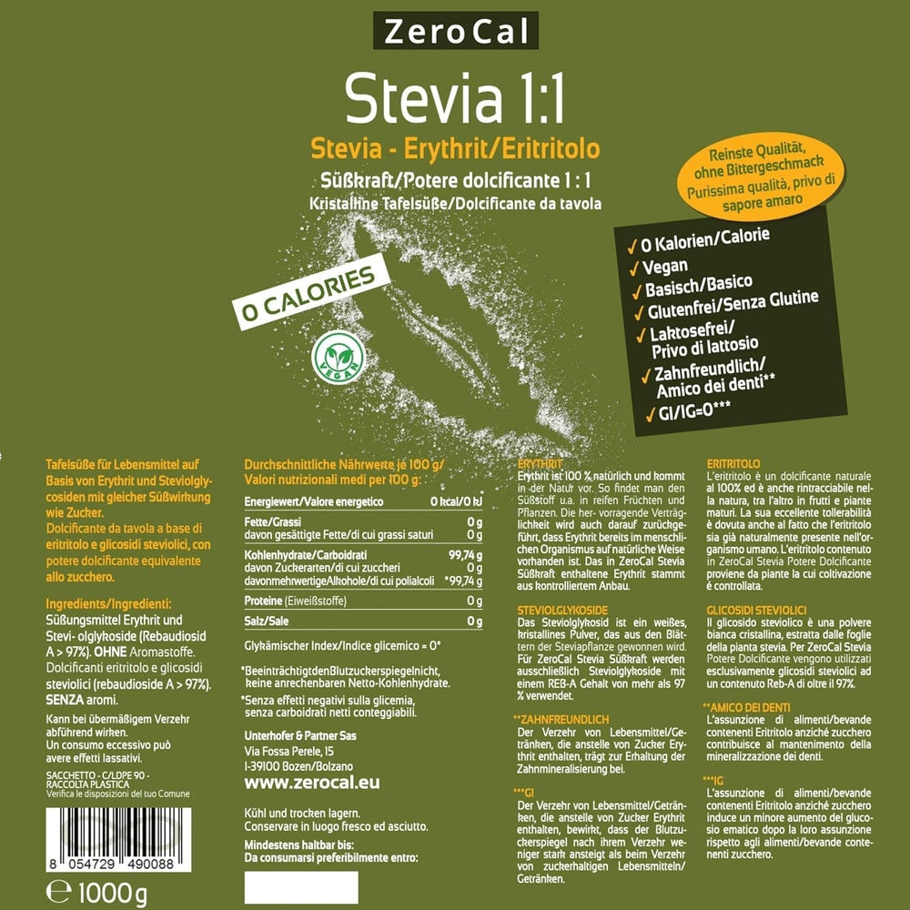 Stevia 1:1 (Erythrit - Stevia) - Natürlicher Zuckerersatzstoff, 1000 G Édulcorants Naty Shop