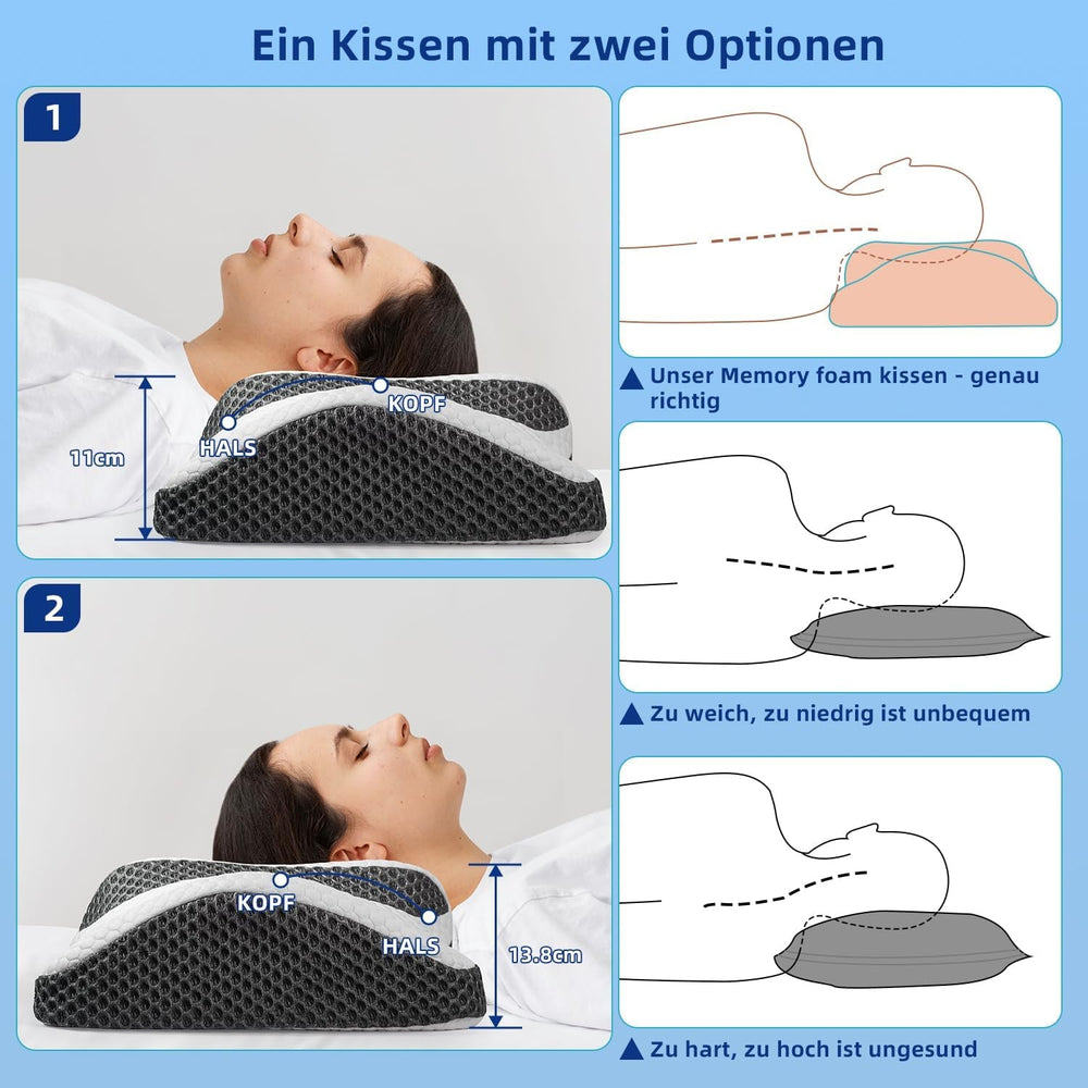 Oreiller orthopédique, oreiller cervical ergonomique, oreiller de tête, oreiller original en mousse à mémoire de forme pour les côtés, le dos et le ventre, oreiller de soutien du cou pour hommes, femmes (67,3 x 38,2 x 13,8/3 cm) Oreillers orthopédiques cervicaux Naty Shop