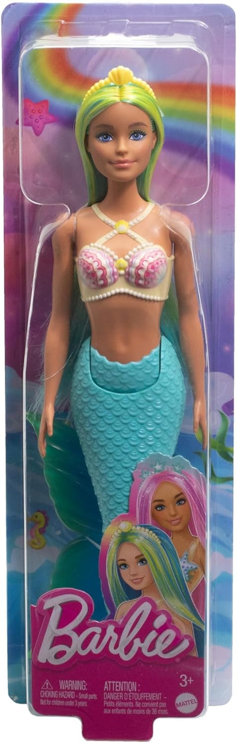 Barbie Meerjungfrau-Puppe mit fantasievollem zweifarbigem Haar in Blau und Gelb, Haarband, Puppe mit Muscheloberteil und türkisfarbener Schwanzflosse, HRR03