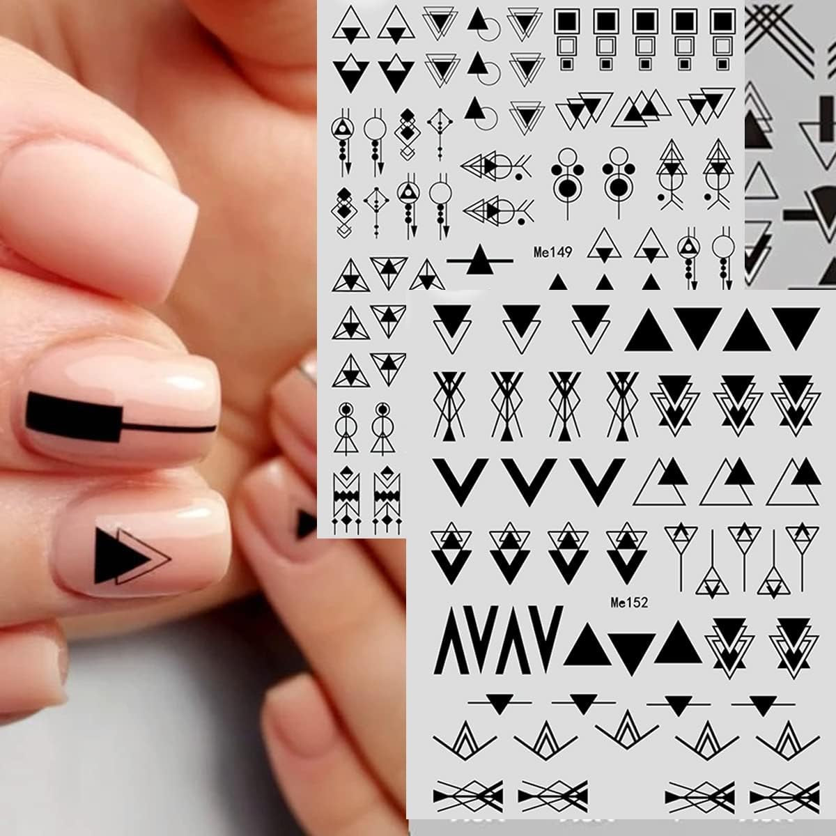 12 Blatt Nagelsticker Geometrisch Nagelaufkleber Selbstklebend Schwarz-Weißes Mysteriöses Dreieck Nail Art Sticker Dekoration Nageldesign Zubehör