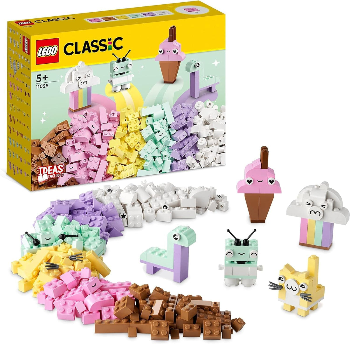 LEGO 11028 Ensemble de construction créatif pastel classique Boîte de briques, jouet de construction pour filles et garçons âgés de 5 ans et plus avec modèles ; glace, dinosaure, chat et plus encore Jeux de construction Besuche den LEGO-Store Single