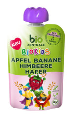 biocentral BioKids Purée de fruits Pomme Banane Framboise Avoine | 12x90g | Snack fruité sans sucre ajouté | Végétalien
