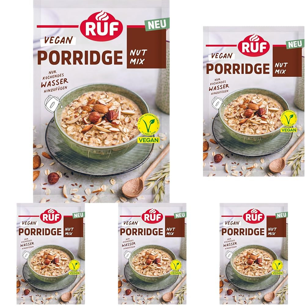 RUF Vegan Porridge aux Noix et Avoine, flocons d'avoine aux amandes, noisettes et graines de lin, facile à préparer, dans un emballage pratique en portions, 1 x 60 g