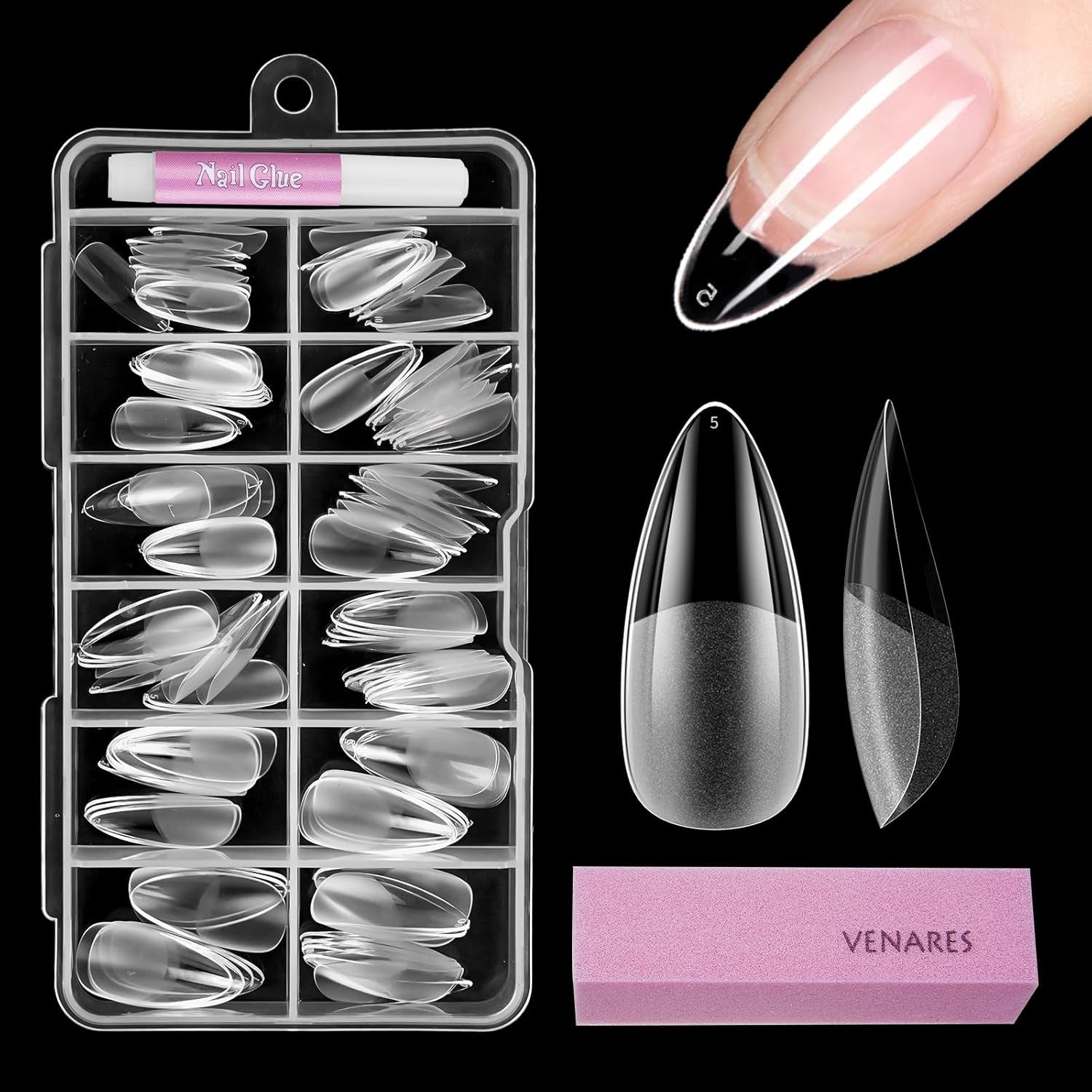 Tipuri de unghii pentru unghii cu gel, set 120 bucăți unghii artificiale scurte, culoare migdale, 11 dimensiuni unghii cu gel, tipuri de unghii cu lipici, bloc de buffer pentru unghii