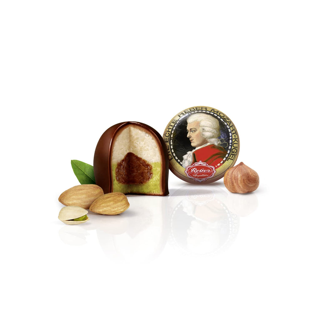 Rebel, Duet Mozart Kugeln, pack de 2, boules Mozart au chocolat noir fourrées à la pistache et pâte d'amande, nougat aux amandes et noisettes, 40g (2 boules Mozart)