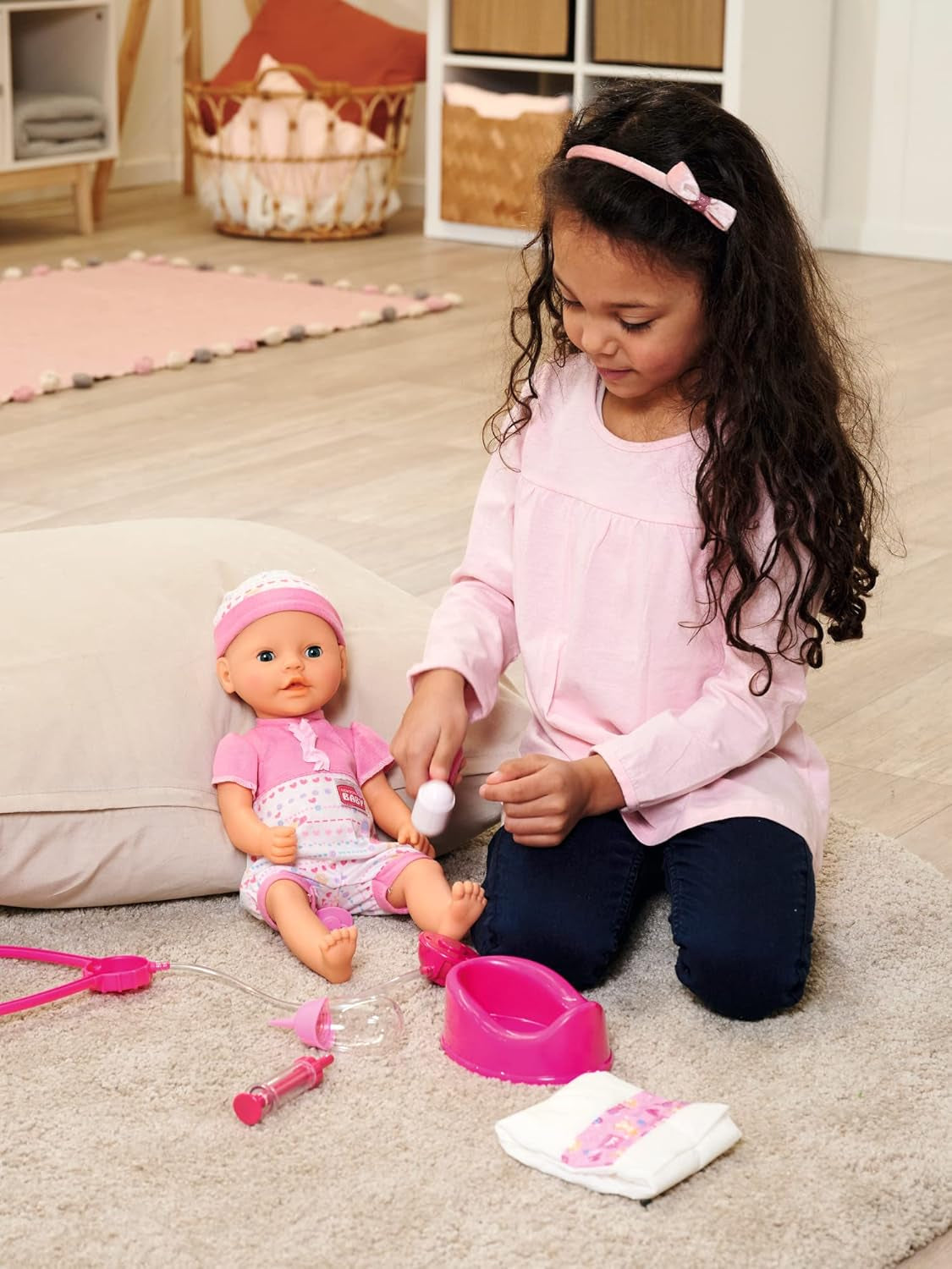 Simba 105562487 - New Born Baby First Nursing Set, tétine, couche et biberon avec contenu disparaissant, pour poupées 38-43 cm Naty Shop Dolls