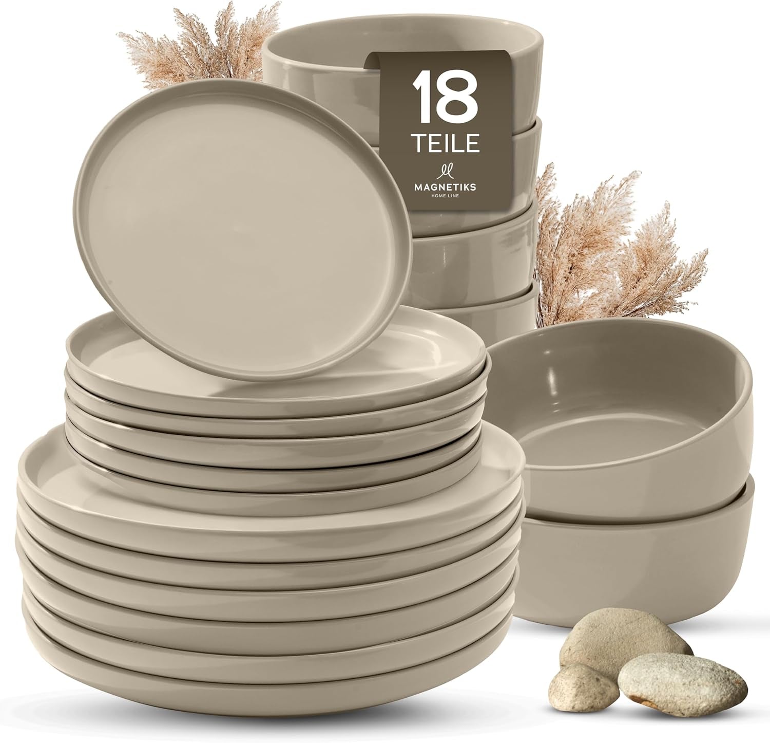 Service de table en grès cérame pour 6, 18 pièces – Plus solide et résistant aux rayures que les assiettes et bols en faïence, beige brillant | L'ensemble de vaisselle comprend 6 assiettes plates, 6 assiettes à dessert et 6 bols -