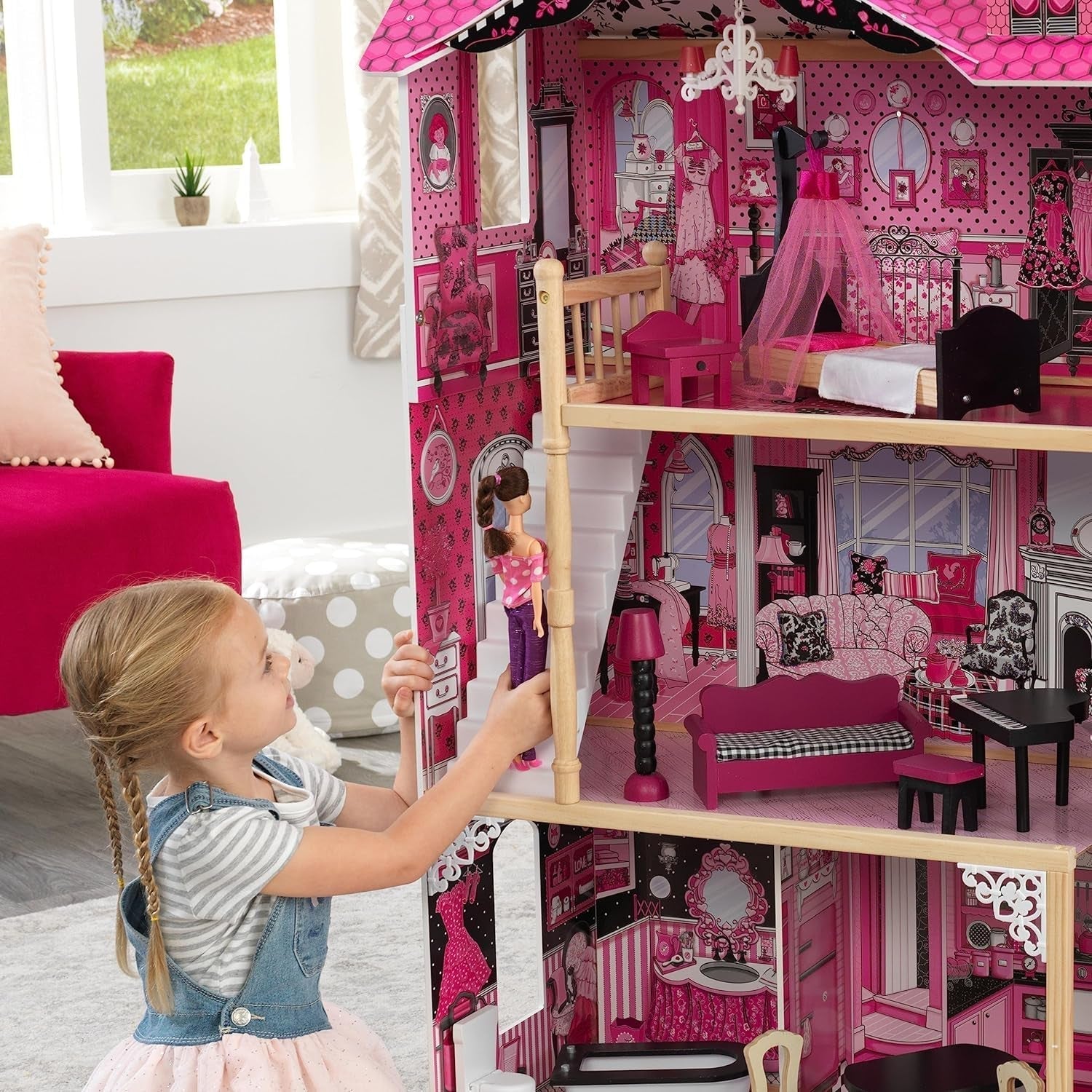 Kidkraft Maison de poupée en bois Amelia avec meubles et accessoires, ensemble de jeu avec balcon et ascenseur pour poupées de 30 cm, jouet pour 3 ans, 65093 Naty Shop Dollhouses