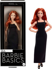 Barbie Basics-Modell 4, Sammlerpuppe mit roten Locken, schwarzem Minikleid und Stiefeln, Mode in universeller Passform, beweglichem zierlichen Körper und austauschbarem Kopf, JBH74