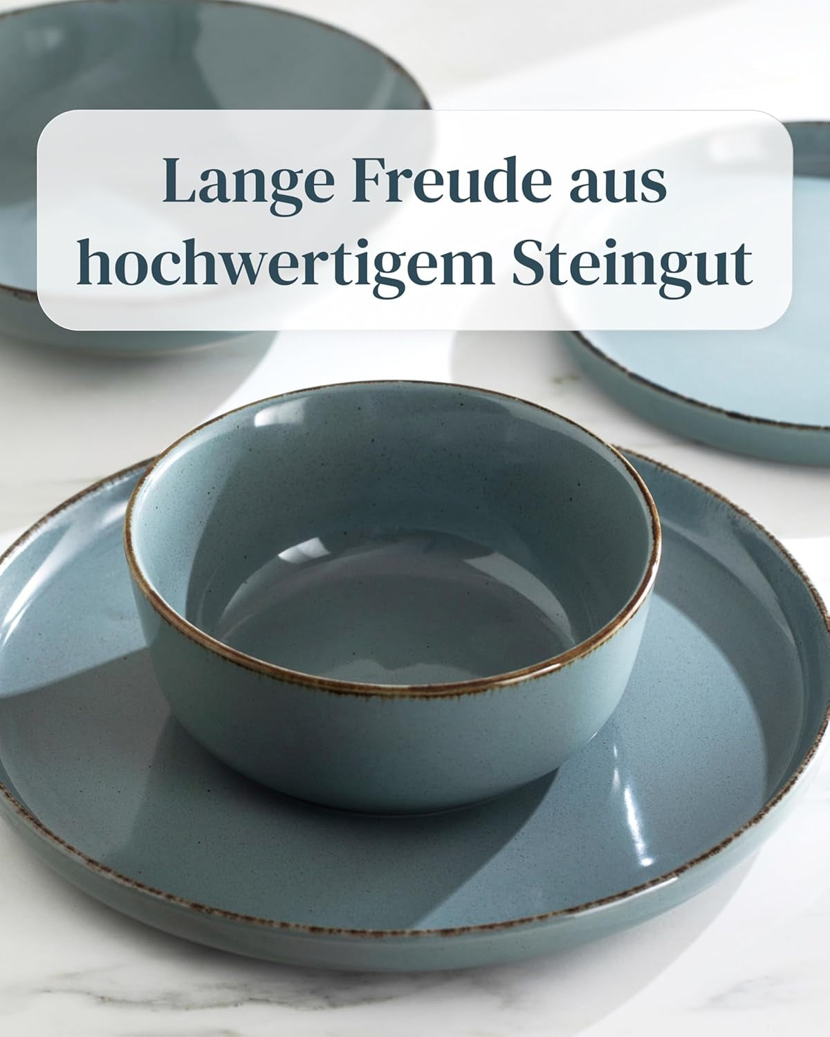 Steingut Geschirrset 12 Personen Rustique 36 tlg. TESTSIEGER, Hochwertiges Landhaussttil Steingut Geschirr Set, Schüssel- und Teller Set, Tafelservice 12 Personen, Geschirrsets Pure Living à Rauchblau