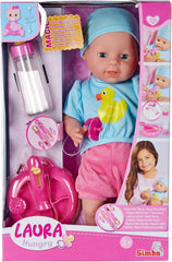 Simba 105010964 - Laura Hungry, Weichkörperpuppe mit Schnuller, magischem Löffel, Trinkfläschchen mit verschwindendem Inhalt und Tellerchen, 38cm, Babypuppe ab 2 Jahren