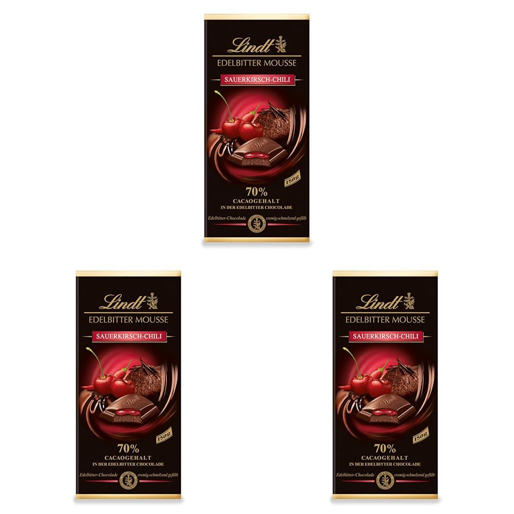 Mousse au chocolat noir Lindt avec piment et cerises | Barre 150g | Avec 70% de cacao et garniture de mousse au chocolat noir et piment cerise | Barre de chocolat | Chocolat noir