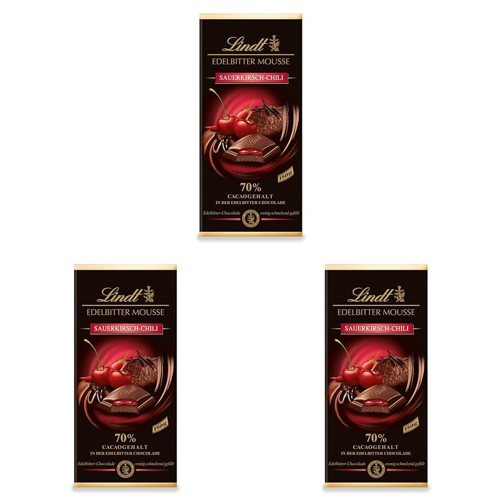 Mousse au chocolat noir Lindt avec piment et cerises | Barre 150g | Avec 70% de cacao et garniture de mousse au chocolat noir et piment cerise | Barre de chocolat | Chocolat noir
