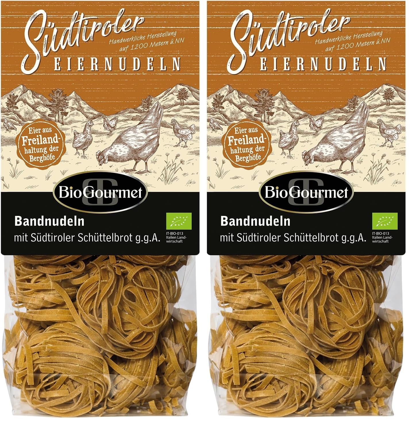 Nouilles en ruban BioGourmet au Schüttelbrot du Tyrol du Sud (IGP) | Nouilles aux œufs salées et aromatisées au véritable speck du Tyrol du Sud | 1 x 250g Bio