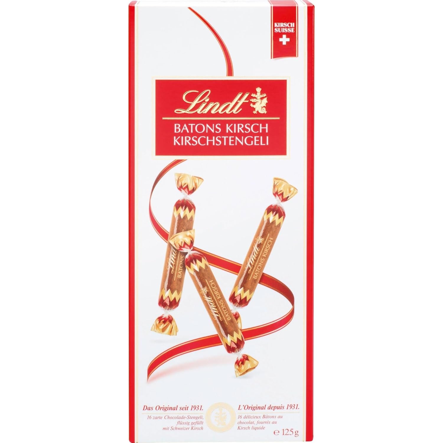 Barres de chocolat Lindt aux tiges de cerise | 250 g 32 Tablettes de chocolat au lait fourrées à la cerise liquide | Cadeau de chocolat avec alcool | Cadeau chocolat