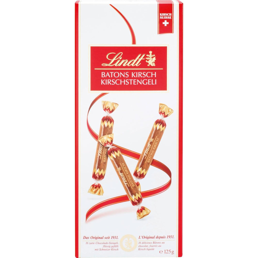 Barres de chocolat Lindt aux tiges de cerise | 250 g 32 Tablettes de chocolat au lait fourrées à la cerise liquide | Cadeau de chocolat avec alcool | Cadeau chocolat