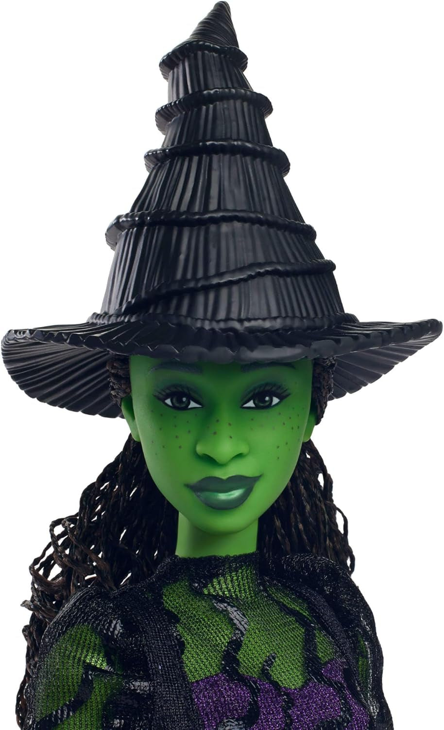 Mattel Wicked Elphaba Poupée mannequin et accessoires avec peau verte, cheveux tressés noirs, diverses poses possibles et apparence de robe de bal extensible, HXT62, [Multicolore] Naty Shop Dolls