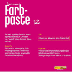 Lot de 6 pâtes colorantes Decocino - 6 x 20 g - Colorant alimentaire rouge, rose, vert, jaune, bleu et noir, idéal pour colorer gâteaux, fondants et crèmes - Sans azoïques et sans gluten