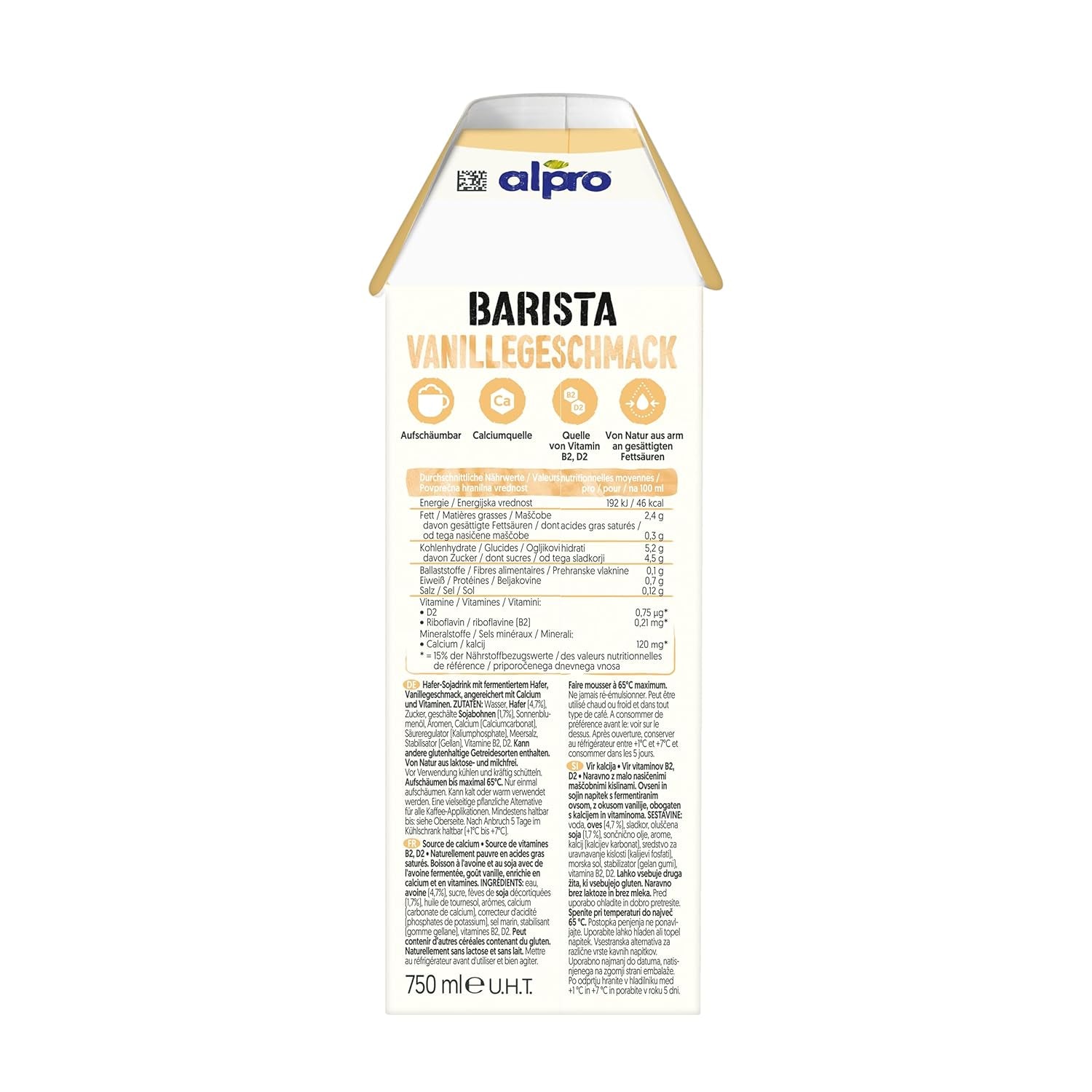 Alpro Barista Vanille – Zum Aufschäumen – Von Natur aus laktosefrei – Riche en substances de ballast, calcium et vitamines – 8 x 750 ml – Haltbar