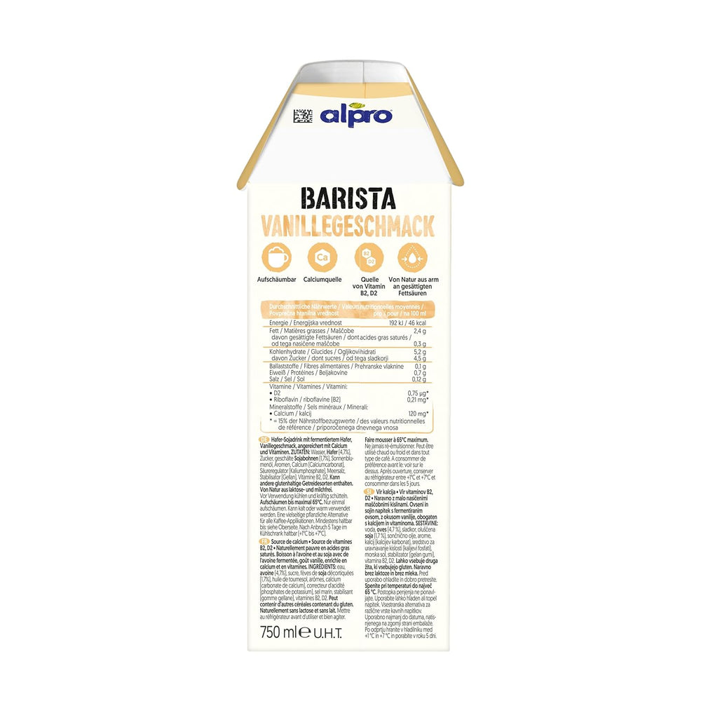 Alpro Barista Vanille – Zum Aufschäumen – Von Natur aus laktosefrei – Riche en substances de ballast, calcium et vitamines – 8 x 750 ml – Haltbar