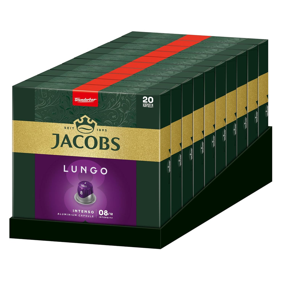 Jacobs Capsules de café Lungo Intenso, Intensité 8/12, 10 x 20 tasses, Capsules de café compatibles Nespresso*, 200 capsules