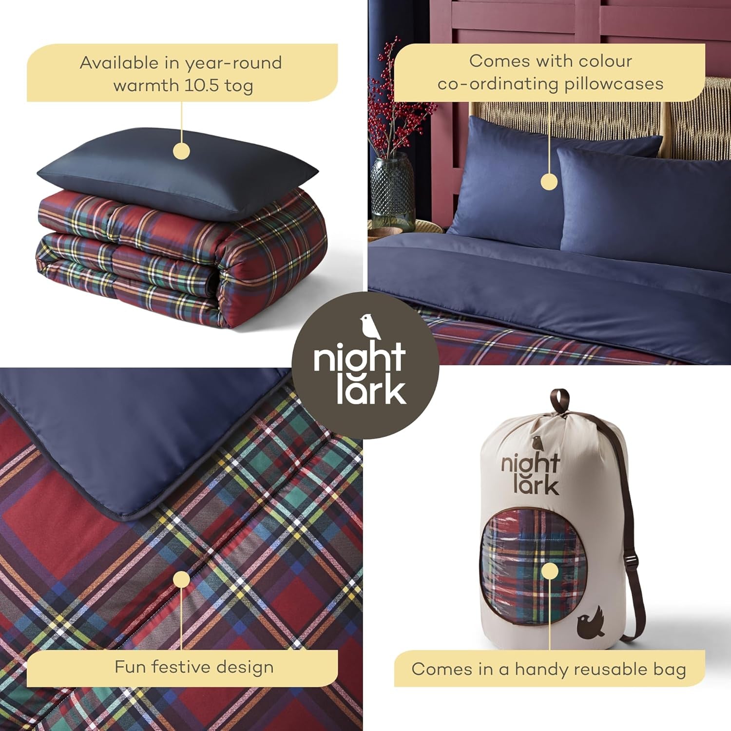 Night Lark Parure de lit et taie d'oreiller, 10,5 tog, simple, tartan rouge classique, literie de luxe, hypoallergénique, lavable en machine, couettes et édredons Naty Shop