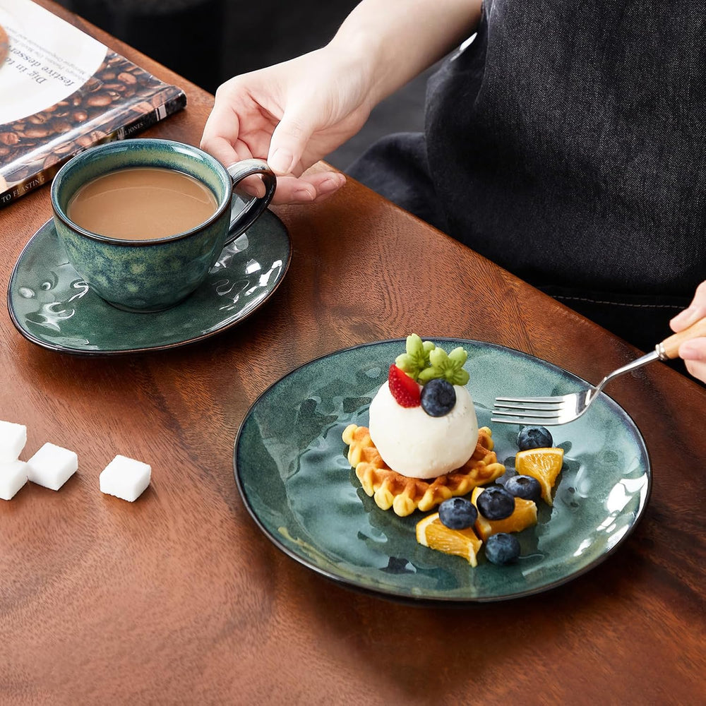 Service à café en grès Vancasso STARRY, service à café 12 pièces pour 4 personnes, comprenant des tasses à café et des soucoupes, look vintage