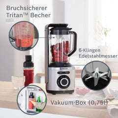 Bosch Vakuum-Standmixer Vitapower Series 8 MMBV621M, Starke Mixleistung, Vitaminschonende Zubereitung, 4 Automatikprogramme, Vakuum-Togo Flasche, 37 000 U/Min, 1000 W, Silver Mother and Child Naty Shop