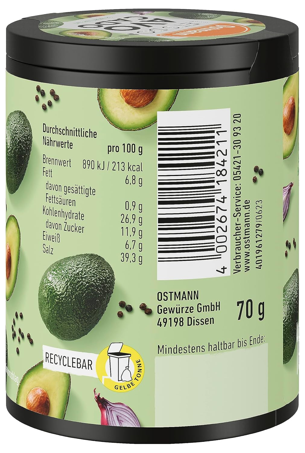 Ostmann Gewürze - Faisons de l'avocat | Gewürzsalz pour avocat, guacamole ou bols | Garniture croustillante avec gewürzen, kräutern et schwarzem sésame | 70 g dans une barre de recyclage Metalldose
