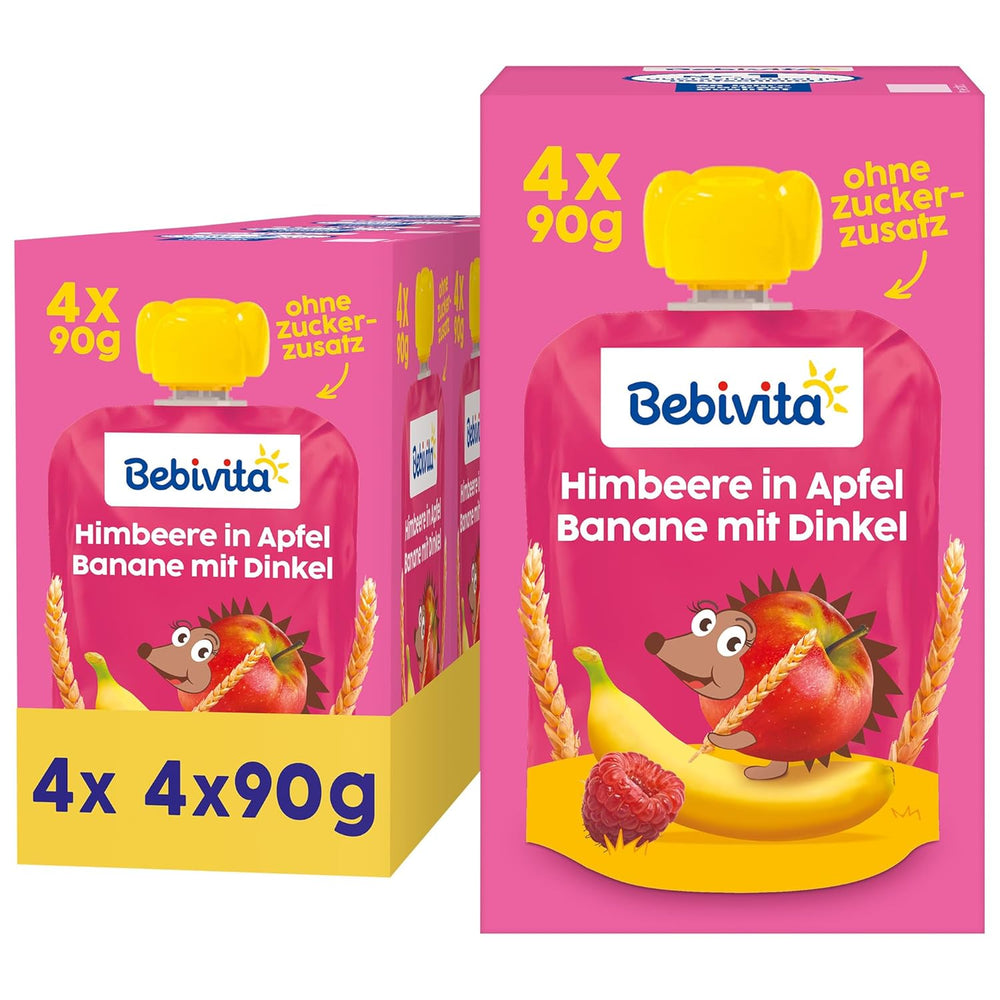 Sachets compressibles fruits, framboise, pomme, banane et épeautre - 16 pièces (paquet de 4, 4 x 90g chacun), sans sucre ajouté, à base de fruits rouges et de céréales saines, idéal pour les collations à emporter et l'autoconsommation