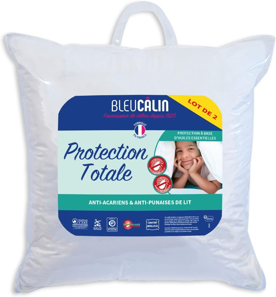 Bleu Câlin lot de 2 oreillers anti-acariens, anti-insectes, confort moelleux, 60 X 60 Cm, housse microfibre, protection intégrale, oreillers standard Naty Shop blanc