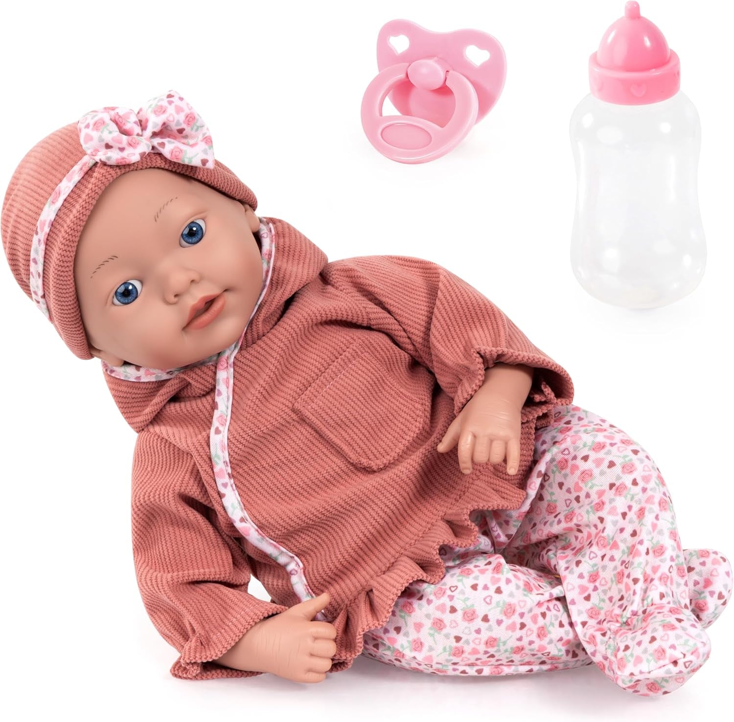 Bayer Design 93827AE Reborn Babypuppe, lebensecht, réaliste, Sucette, Flasche, 38 cm, Blanc, Rosa