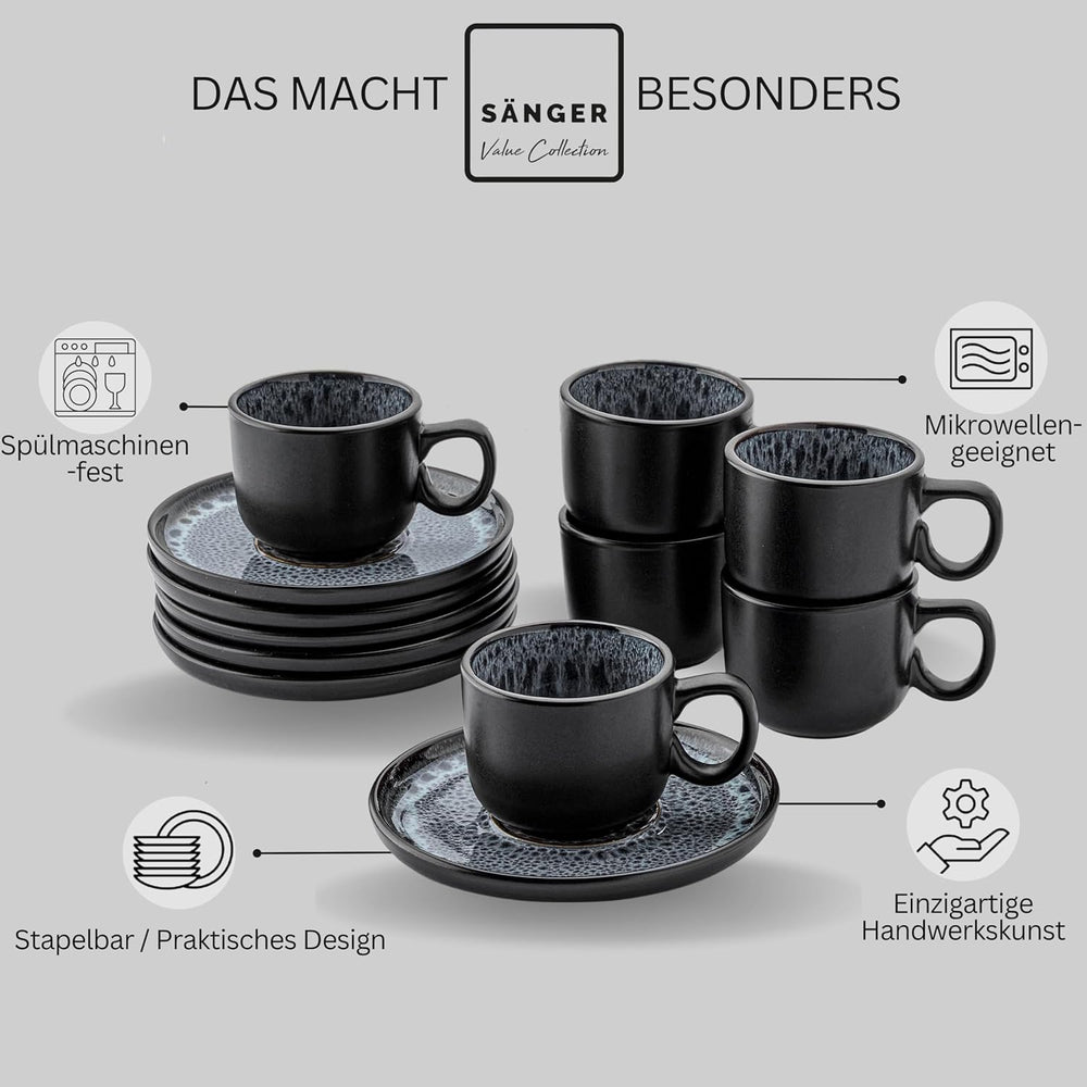 SANGER Sydney | Ensemble de 12 tasses à expresso en céramique, ensemble de tasses à moka pour 6, tasses et soucoupes, passe au lave-vaisselle et au micro-ondes, gris foncé, 80 ml | LA COLLECTION VALEUR