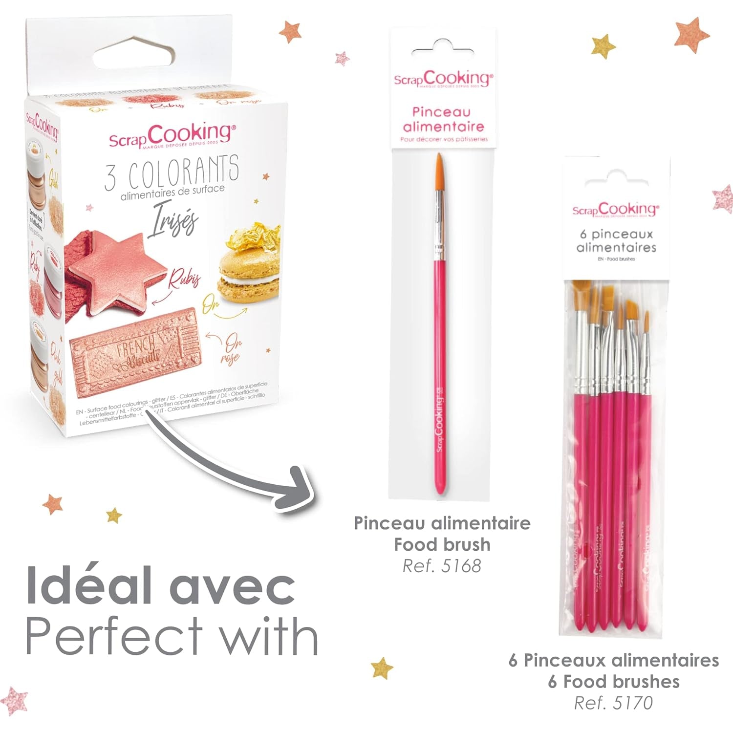 Scrapcooking - Lot de 3 Colorants Alimentaires Métallisés - Colorants Alimentaires : Or, Or Rose et Rubis - Colorant Alimentaire Comestible pour Pâtisserie, Gâteaux, Biscuits, Gâteaux, Chocolat - 4019
