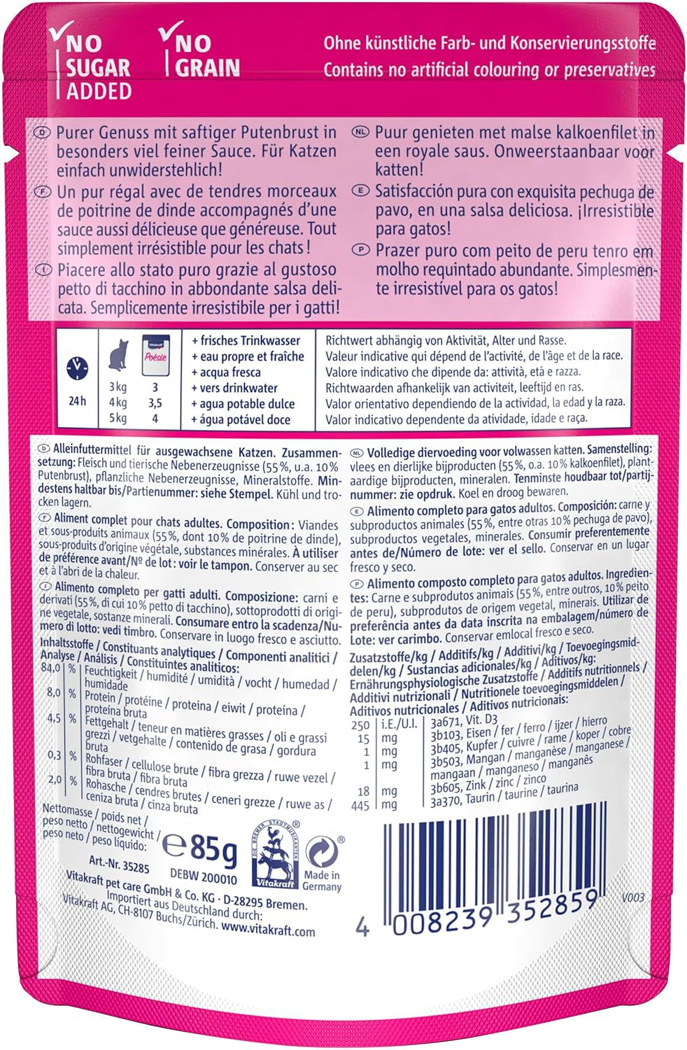 Vitakraft Poésie Délice, nourriture humide pour chat, nourriture pour chat en sauce, à la dinde, en vrac, sans sucre ni céréales ajoutés (23 x 85g)