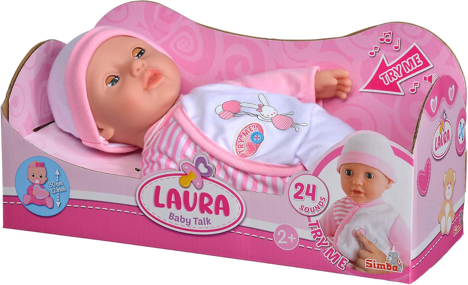Simba 105140020 - Poupée au corps doux My Love Baby Talk avec des yeux endormis dans une jolie robe qui fait 24 sons de bébé Poupée bébé de 30 cm à partir de 2 ans Blanc Rose Naty Shop Dolls