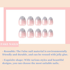 24pcs French Press On Nails Court Brillant Argent Design Ovale Ongles Artificiels Colle Sur Acrylique Brillant Ongles Faux Ongles Pour Femmes Filles