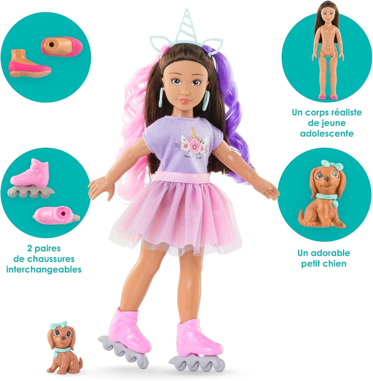 Corolle Girls Luna Einhorn Set, Ankleidepuppe mit Hund, Unicorn-Haarreif, Ohrringe und extra Inlineskates, Vanilleduft, 28cm, ab 4 Jahren