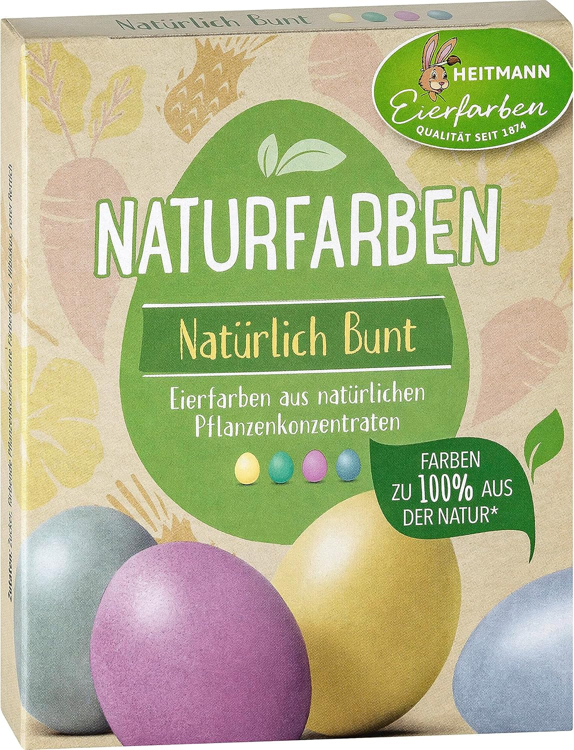 Heitmann Egg Dye Set de teinture naturelle, 3 poudres de teinture aux œufs (jaune, violet, gris-bleu), feuille d'autocollants en papier d'herbe