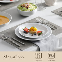 MALACASA Service de table pour 12 personnes, service de table moderne en porcelaine Amelia 48 pièces, service de table avec 12 assiettes plates, assiettes à dessert, assiettes Suma et bols à céréales, service de table moderne pour 12 personnes – Blanc