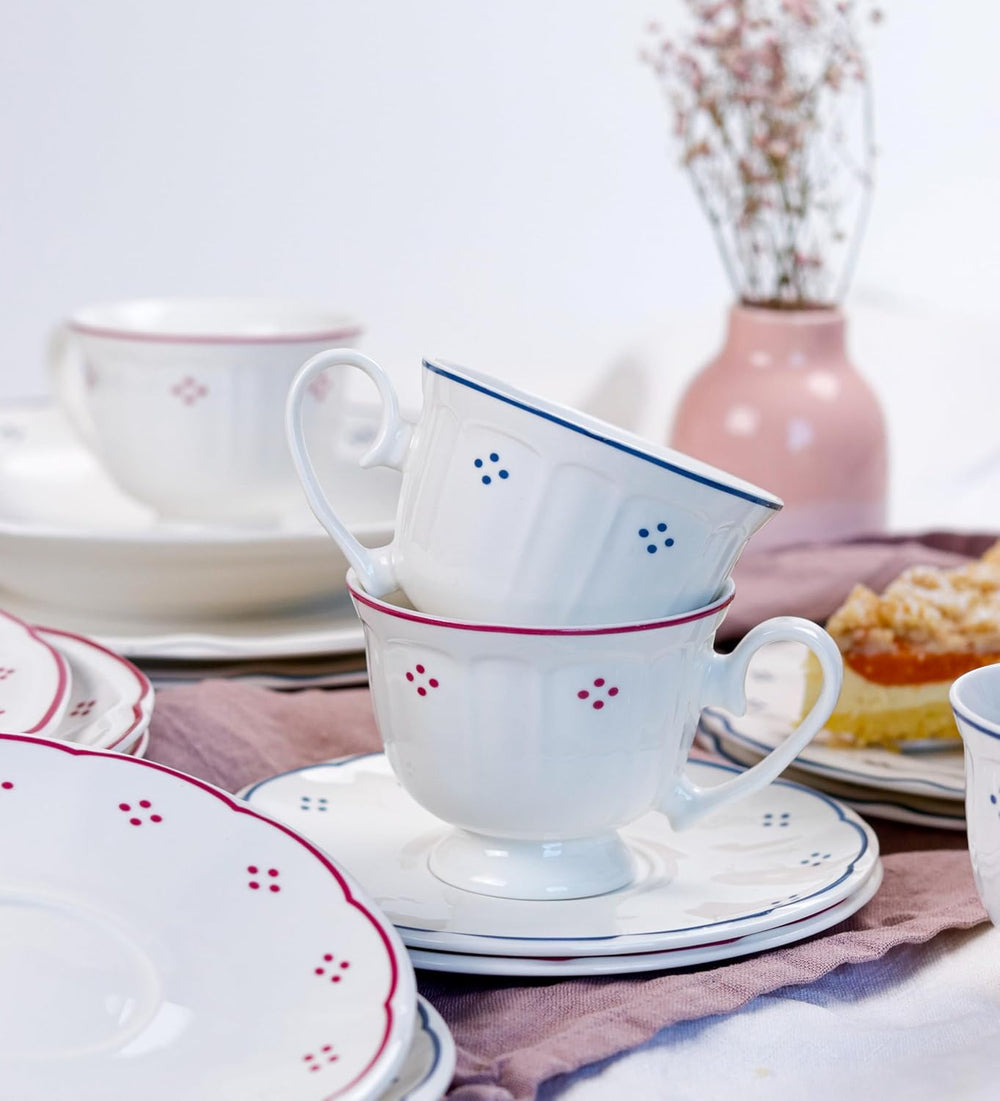 Mäser Lova Series Service à café en porcelaine 18 pièces – 6 assiettes à dessert (19,5 cm), 6 tasses (19 cl) et 6 soucoupes (15,5 cm), Bleu