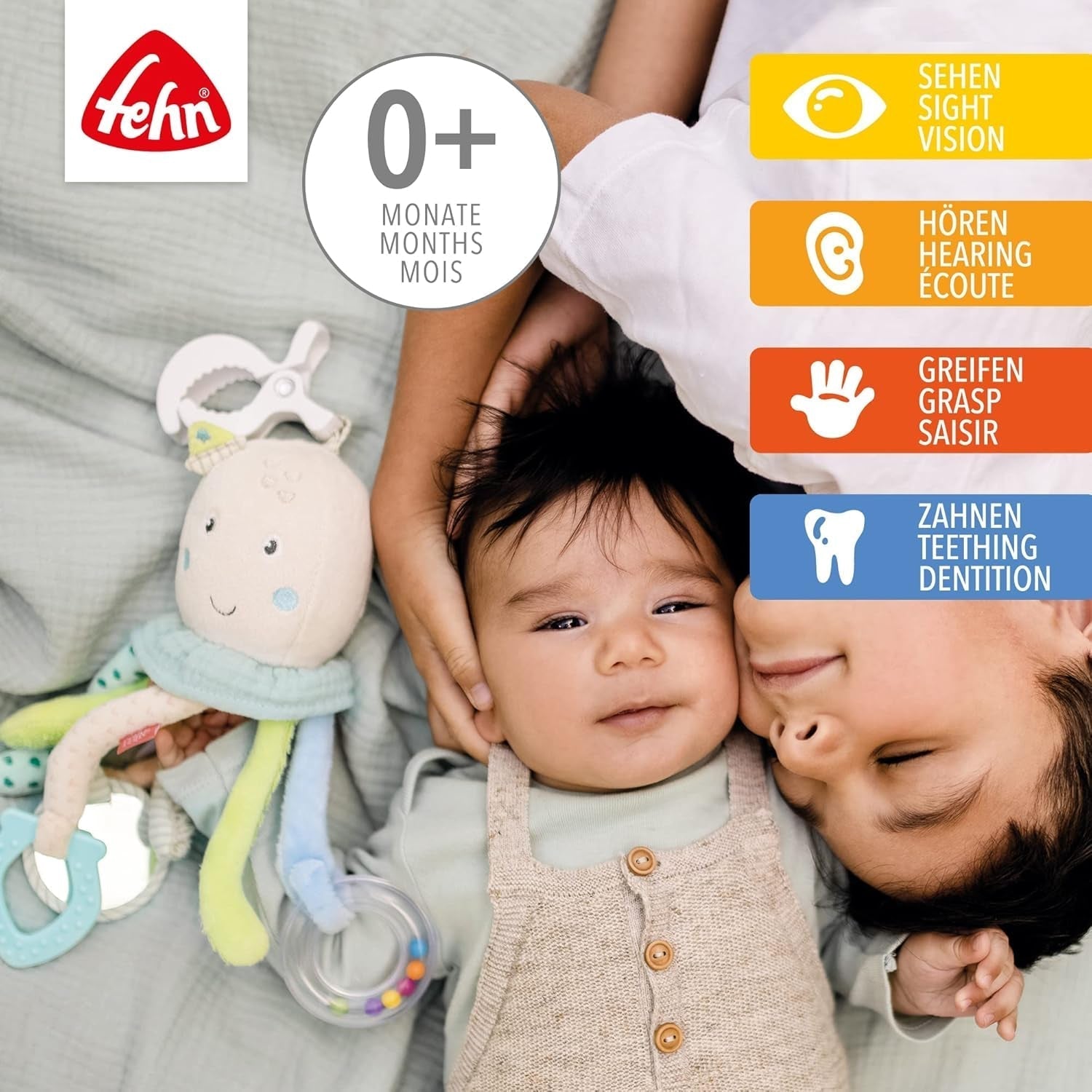 Fehn Jouet d'activité Poulpe - Jouet de motricité pour bébé pour poussettes et démarrages brillants, Oball, Jouet hochet avec balles d'appui pour la marche, Jouet interactif pour bébé Bebe Toys Naty Shop