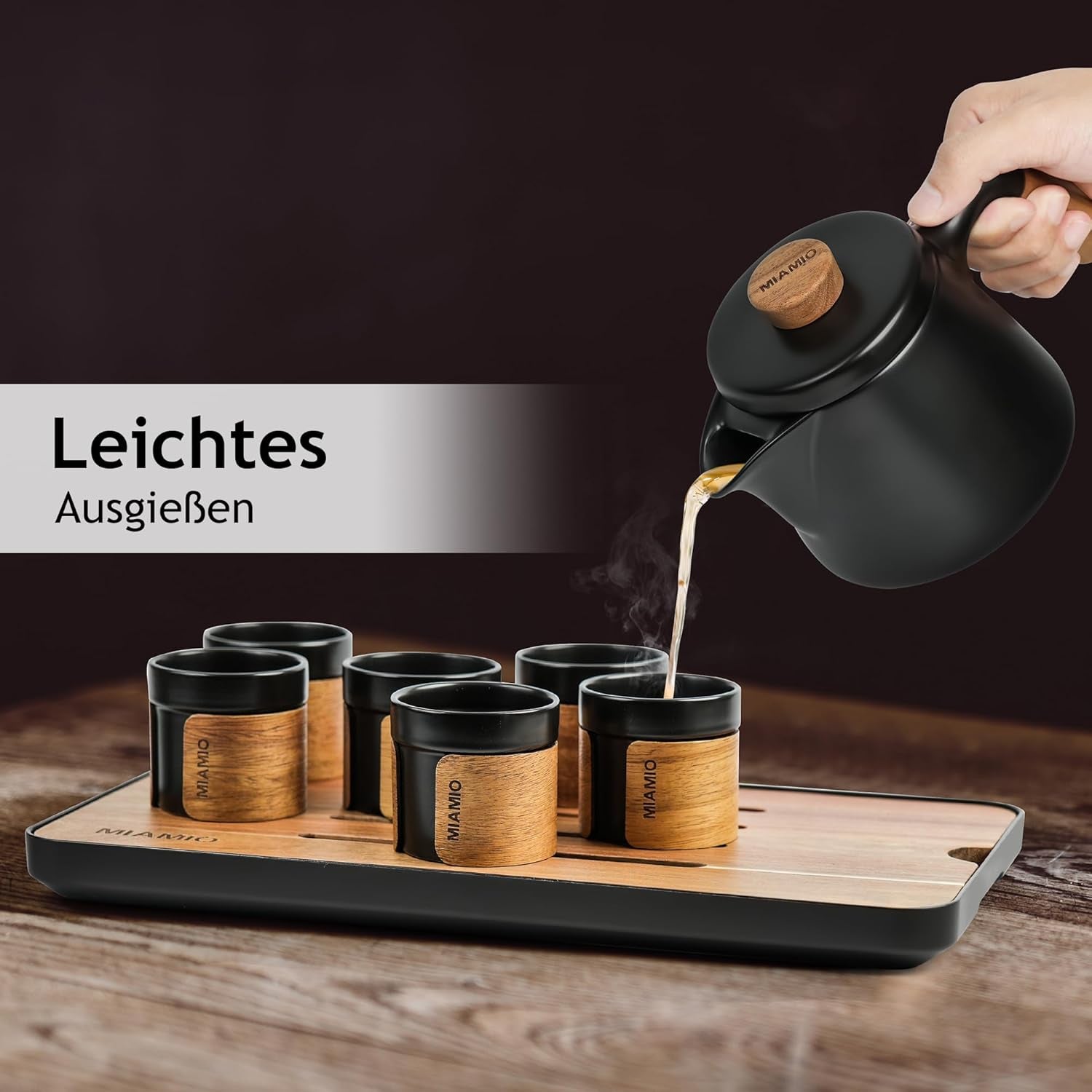 MIAMIO - Service à thé japonais/chinois 6 x 100 ml / Théière asiatique 620 ml avec infuseur à thé, ensemble de théière japonaise traditionnelle pour les amateurs de thé/hommes/femmes (noir)