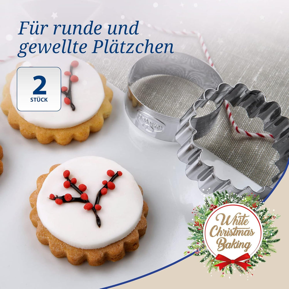 Dr. Oetker Lot de 2 emporte-pièces ronds et ondulés - Emporte-pièces motif Noël blanc - Emporte-pièces en acier inoxydable pour Noël